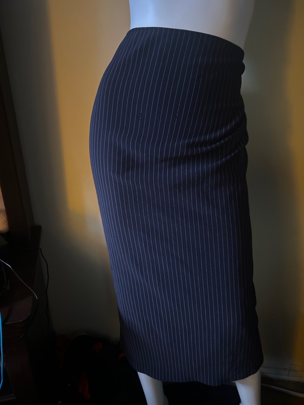 Encore Jeans Navy Pinstripe Midi Pencil Skirt